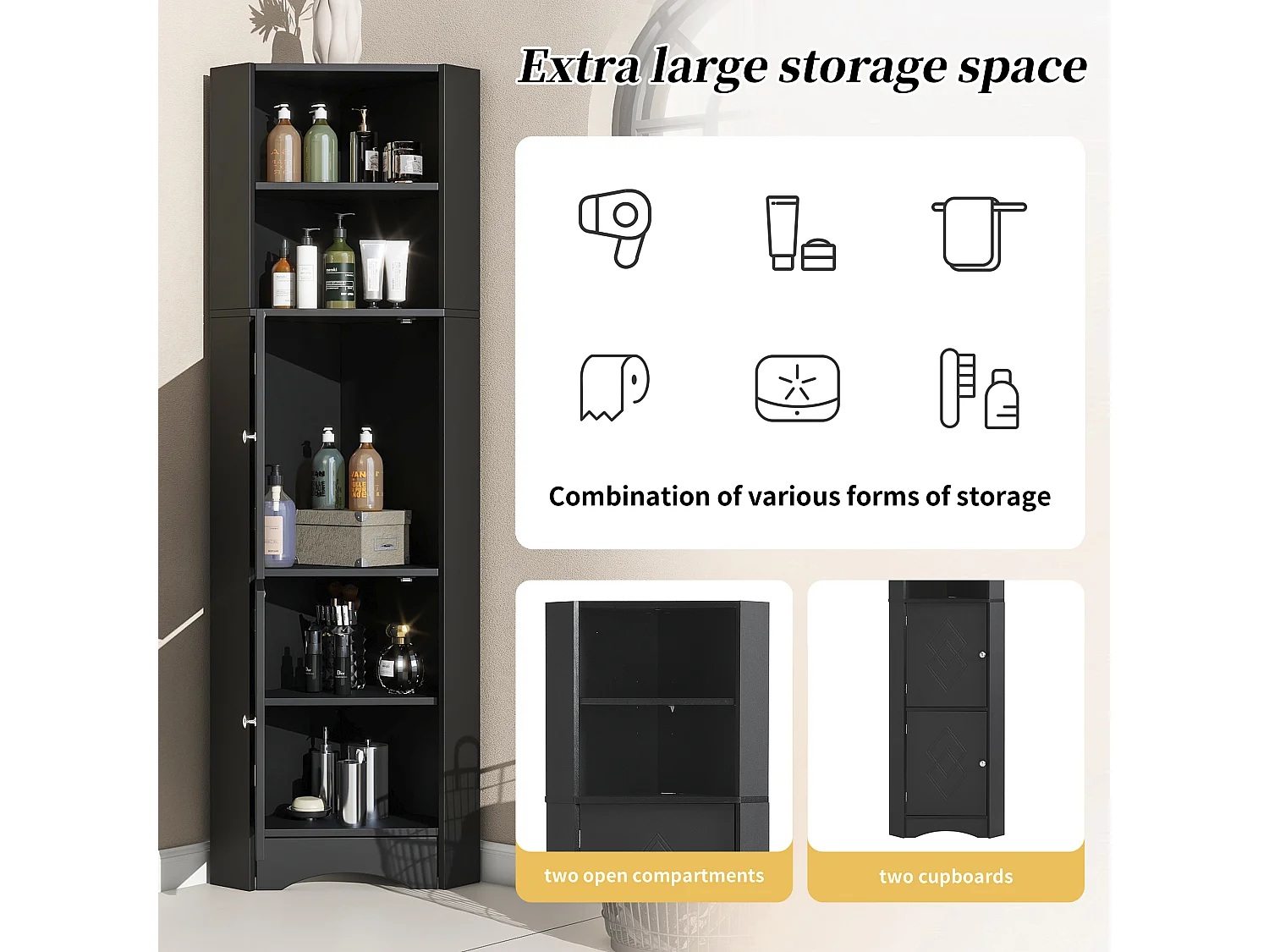 Mobile angolare da bagno, con 2 ripiani, design moderno, MDF, nero (36,5x36,5x155 cm)