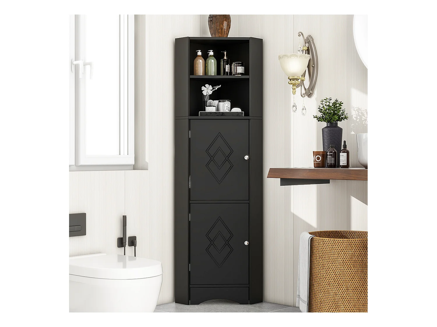 Meuble d'angle de salle de bain, avec 2 étagères, design moderne, MDF, noir (36.5x36.5x155 cm)