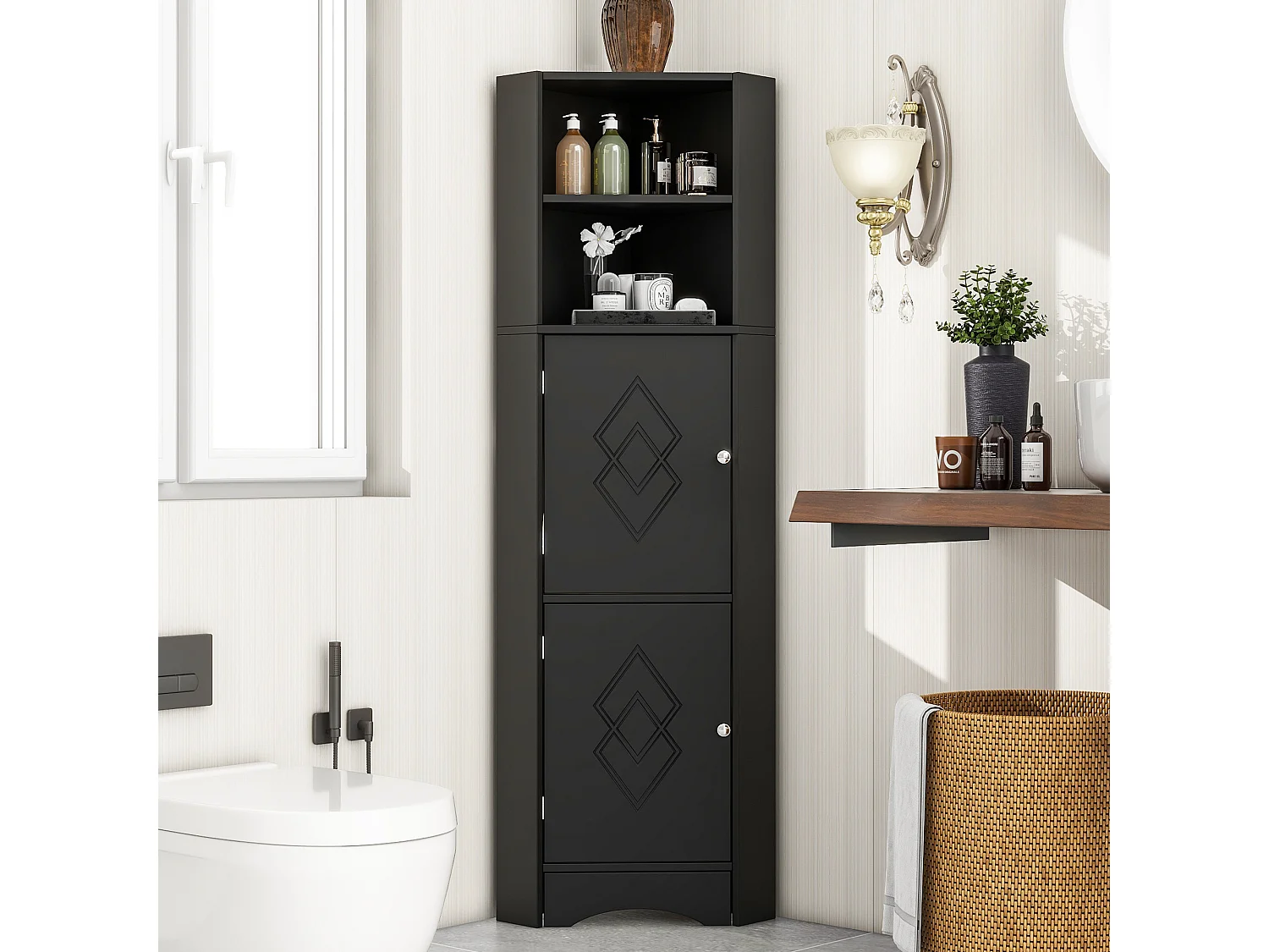 Meuble d'angle de salle de bain, avec 2 étagères, design moderne, MDF, noir (36.5x36.5x155 cm)