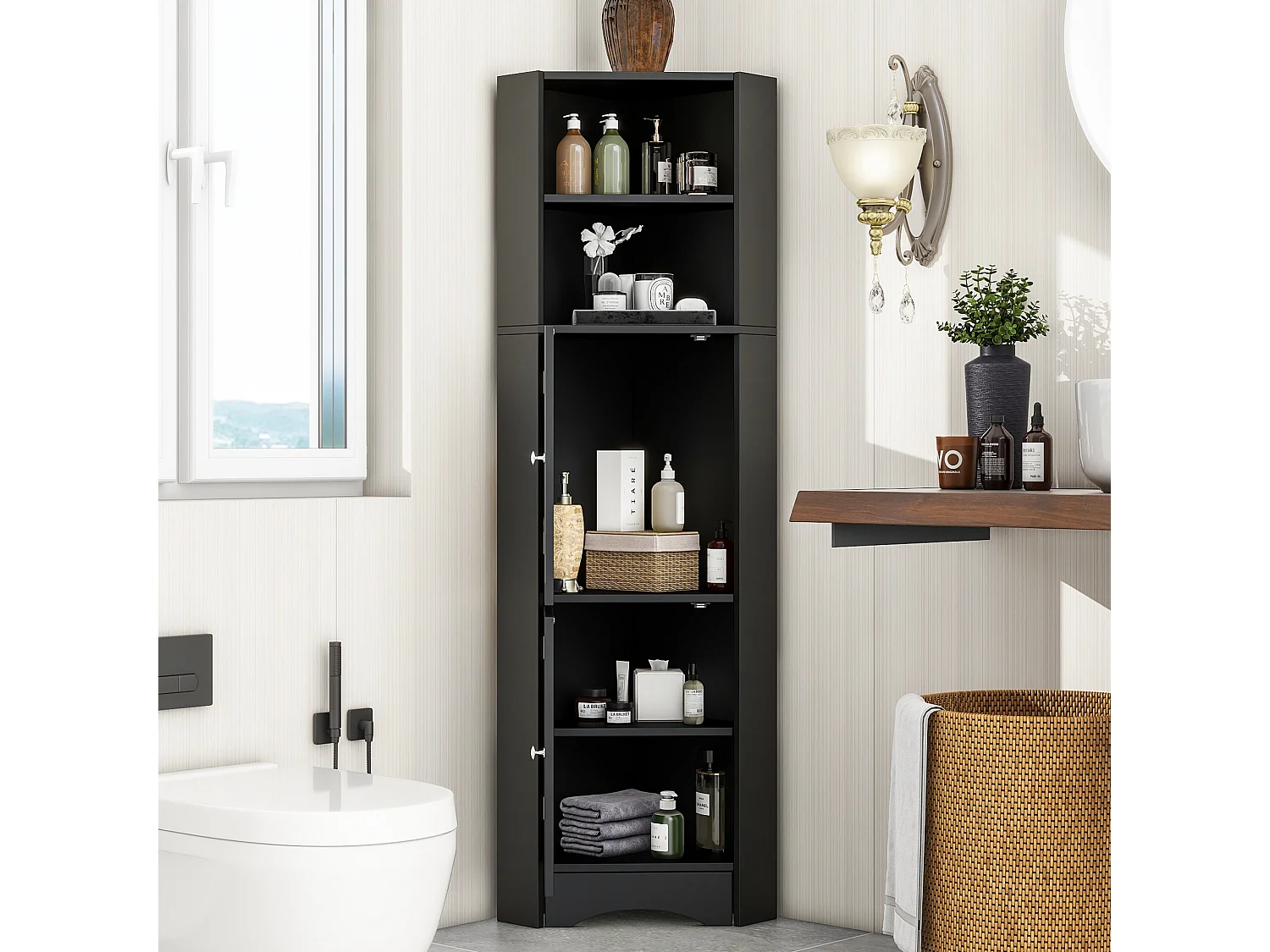 Meuble d'angle de salle de bain, avec 2 étagères, design moderne, MDF, noir (36.5x36.5x155 cm)