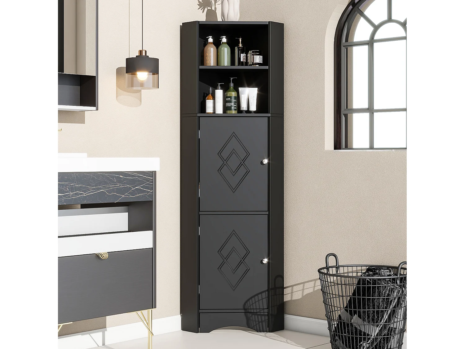 Meuble d'angle de salle de bain, avec 2 étagères, design moderne, MDF, noir (36.5x36.5x155 cm)