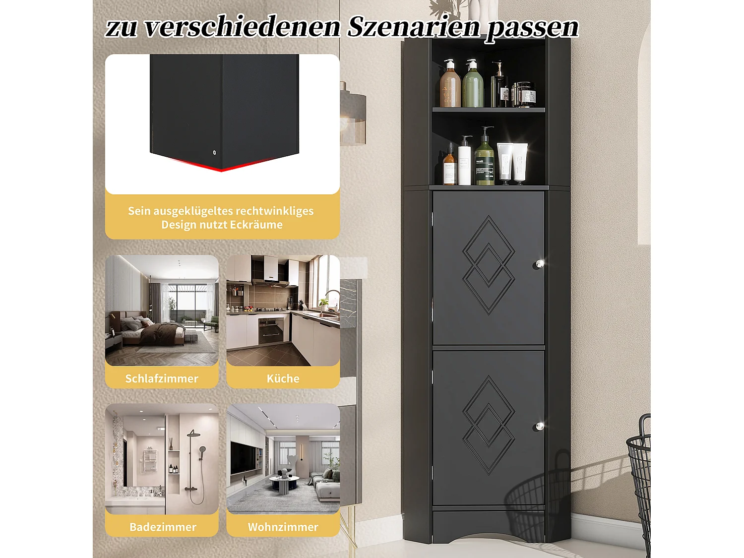 Meuble d'angle de salle de bain, avec 2 étagères, design moderne, MDF, noir (36.5x36.5x155 cm)