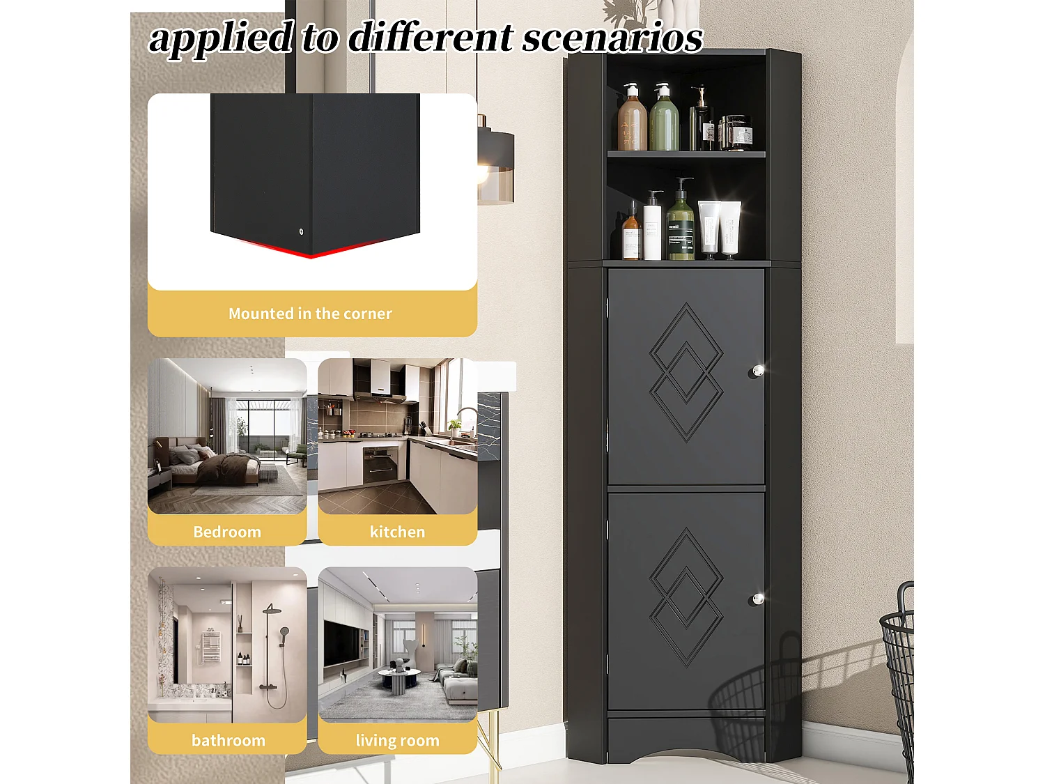 Meuble d'angle de salle de bain, avec 2 étagères, design moderne, MDF, noir (36.5x36.5x155 cm)