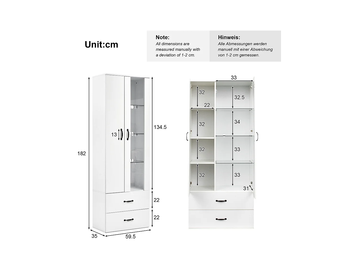 Vitrine LED avec 16 couleurs, design moderne, panneau de particules, blanc (59.5x35x182 cm)