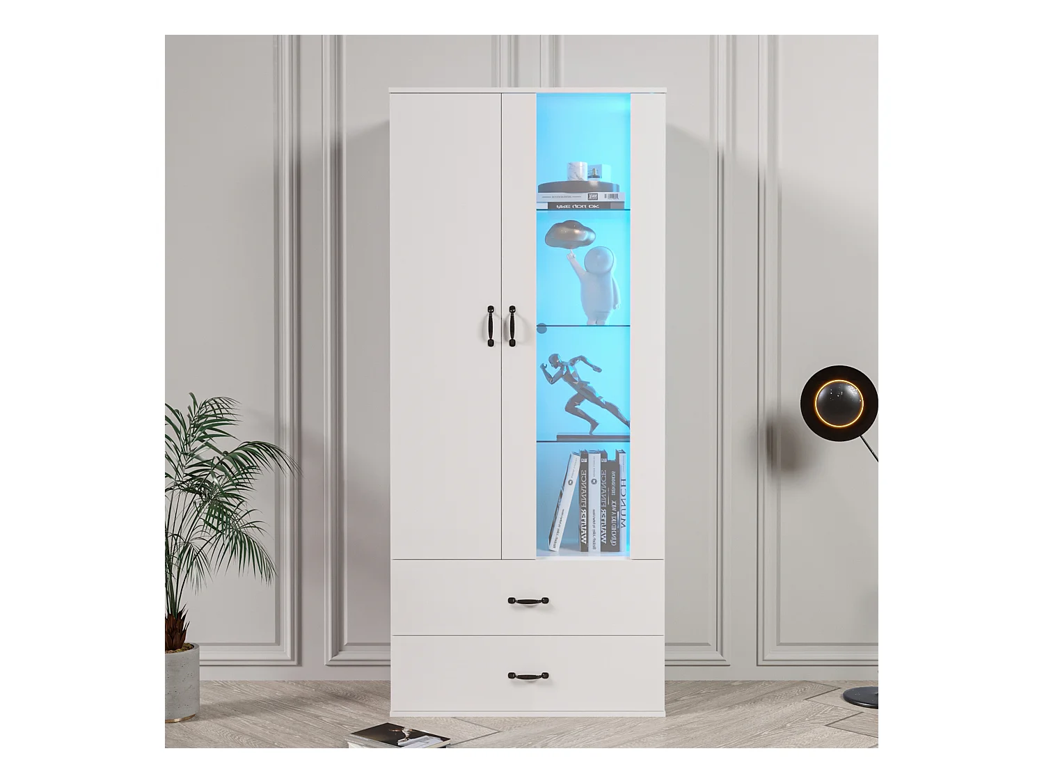 Vitrine LED avec 16 couleurs, design moderne, panneau de particules, blanc (59.5x35x182 cm)