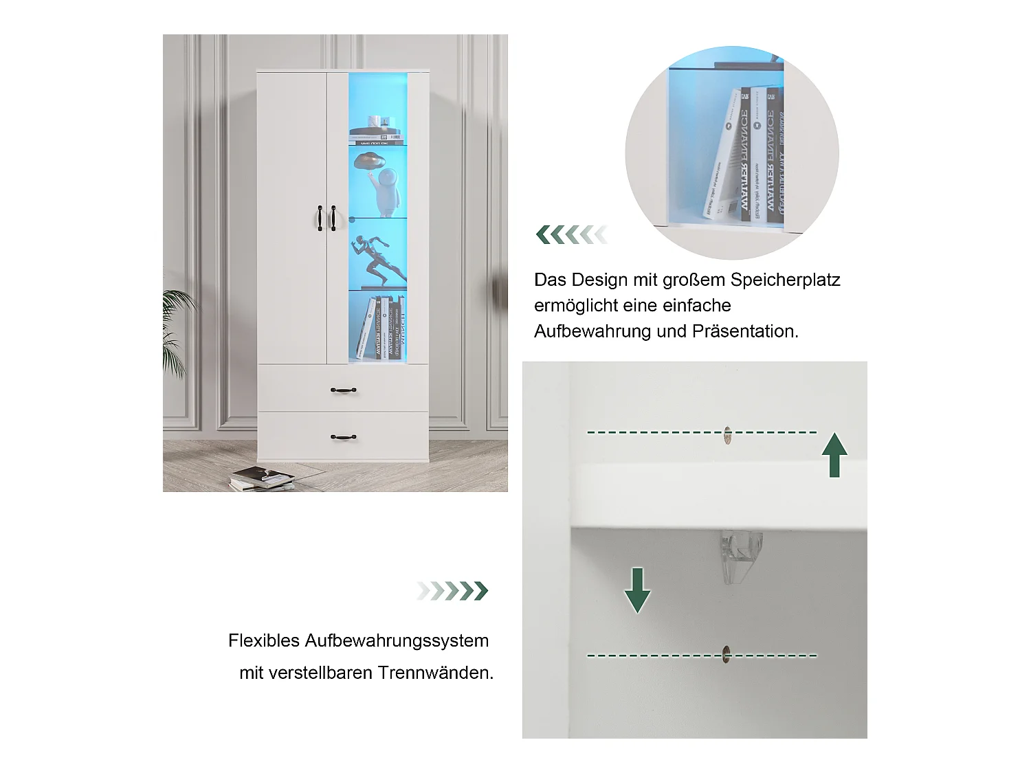 Vitrine LED avec 16 couleurs, design moderne, panneau de particules, blanc (59.5x35x182 cm)