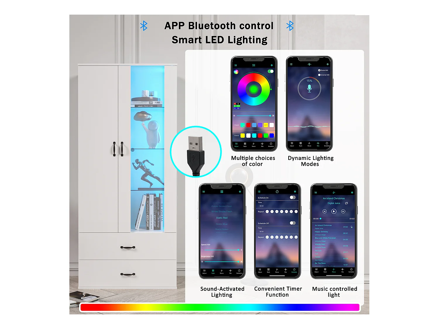 Vitrine LED avec 16 couleurs, design moderne, panneau de particules, blanc (59.5x35x182 cm)
