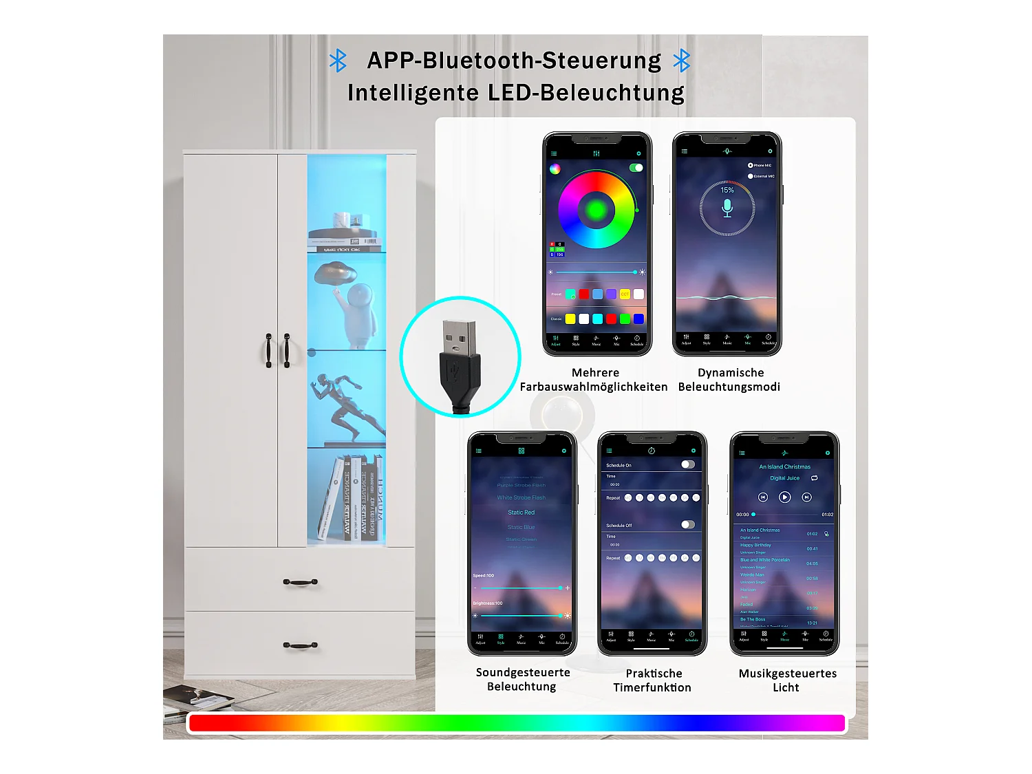 Vitrine LED avec 16 couleurs, design moderne, panneau de particules, blanc (59.5x35x182 cm)