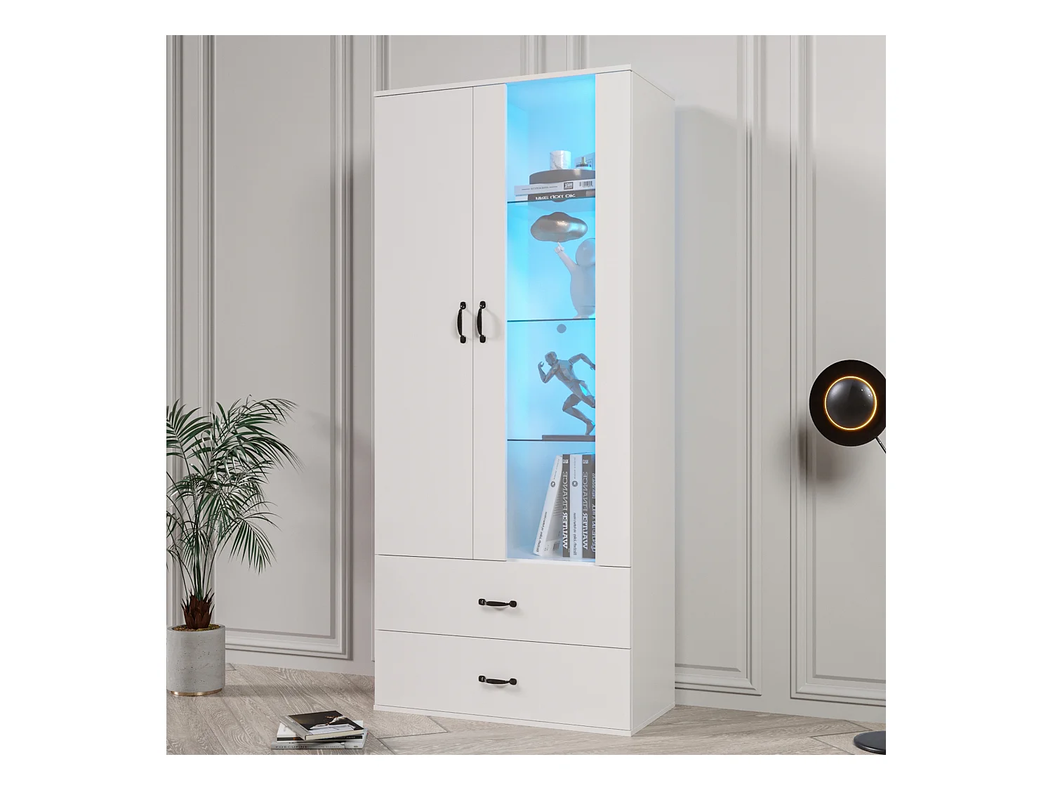 Vitrine LED avec 16 couleurs, design moderne, panneau de particules, blanc (59.5x35x182 cm)