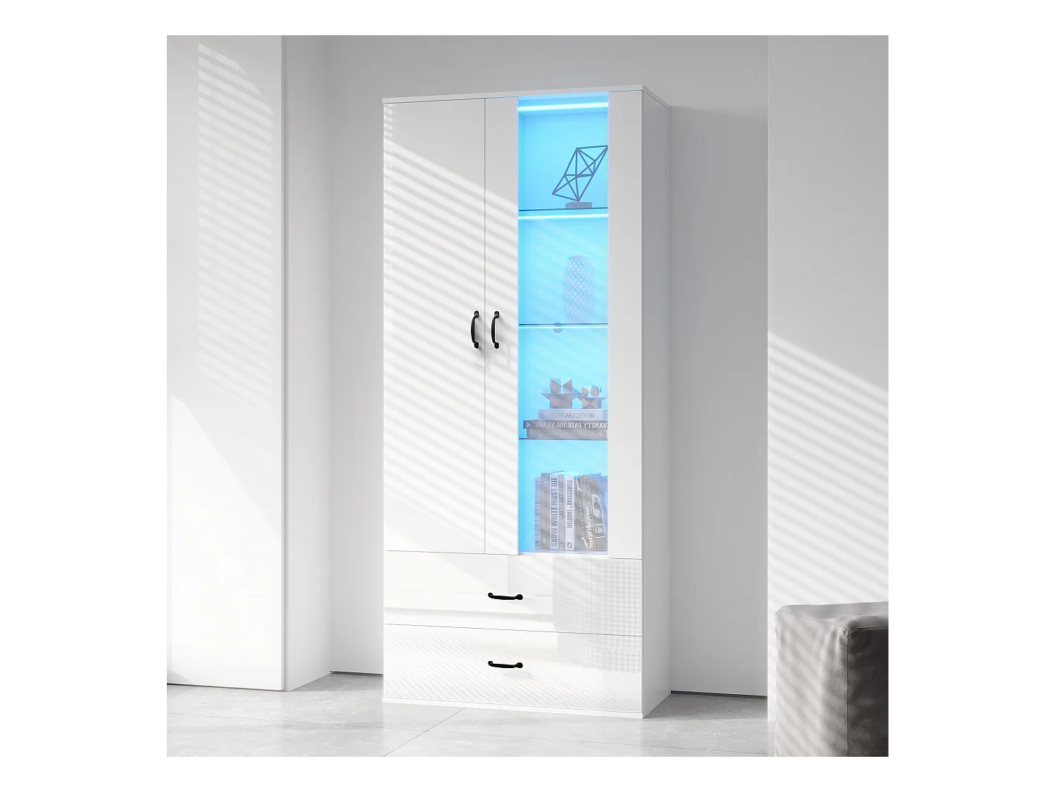 Vitrine LED avec 16 couleurs, design moderne, panneau de particules, blanc (59.5x35x182 cm)
