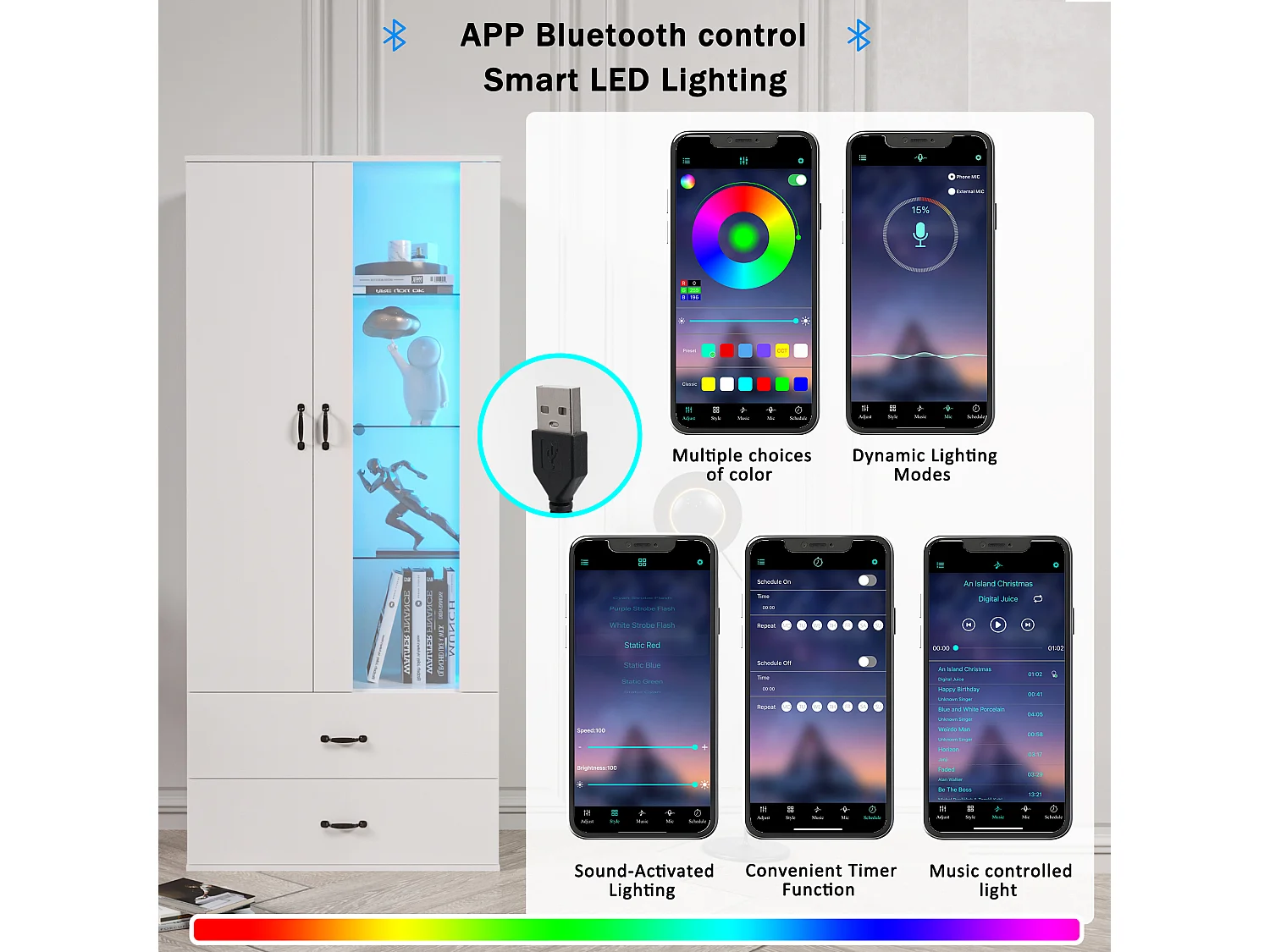 Vitrine LED avec 16 couleurs, design moderne, panneau de particules, blanc (59.5x35x182 cm)