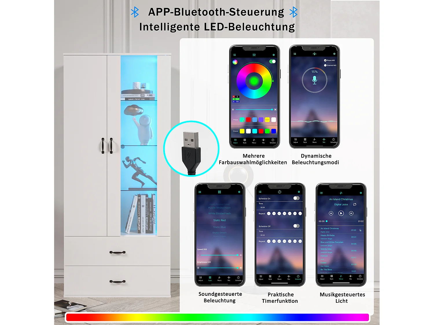 Vitrine LED avec 16 couleurs, design moderne, panneau de particules, blanc (59.5x35x182 cm)