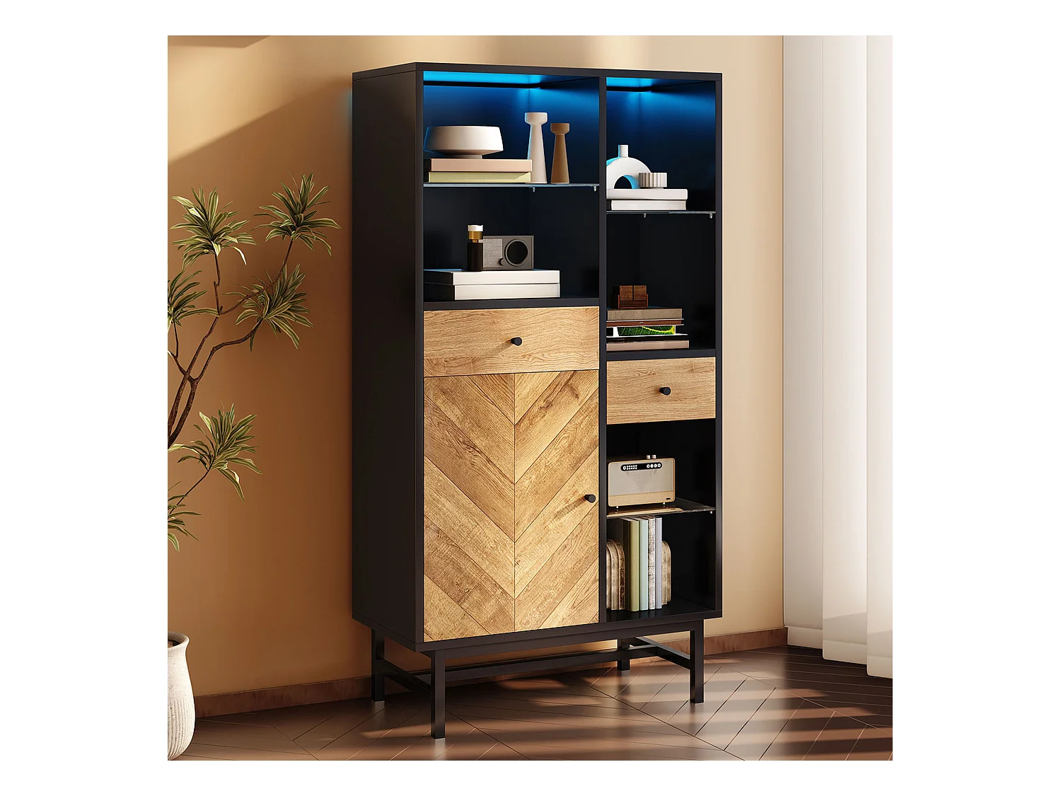 Vitrinekast met 12 LED-kleuren, glazen deur, glazen planken, zwart hout en hout (150,5x80x40 cm)