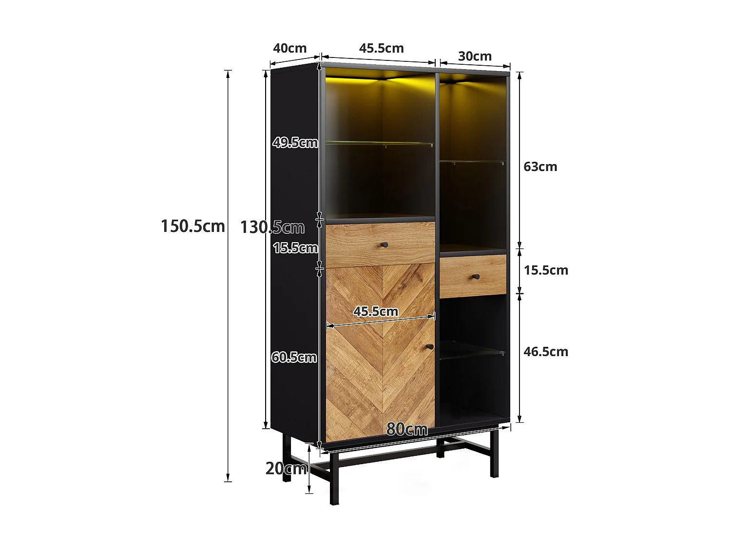 Vitrine avec 12 couleurs LED, porte en verre, étagères en verre, bois noir et bois (150.5x80x40 cm)