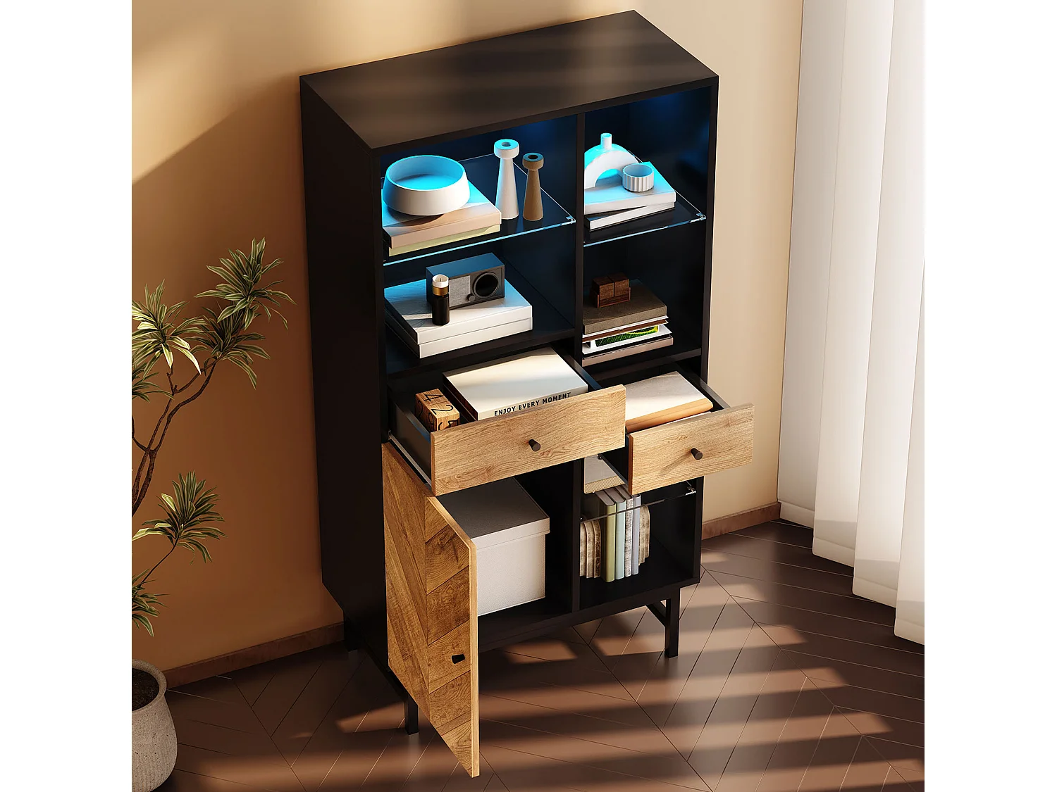 Vitrine avec 12 couleurs LED, porte en verre, étagères en verre, bois noir et bois (150.5x80x40 cm)