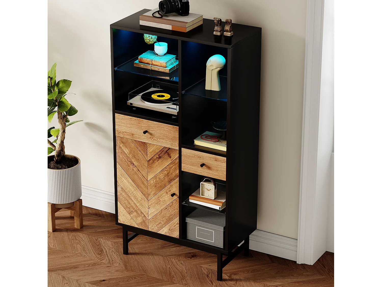 Vitrine avec 12 couleurs LED, porte en verre, étagères en verre, bois noir et bois (150.5x80x40 cm)