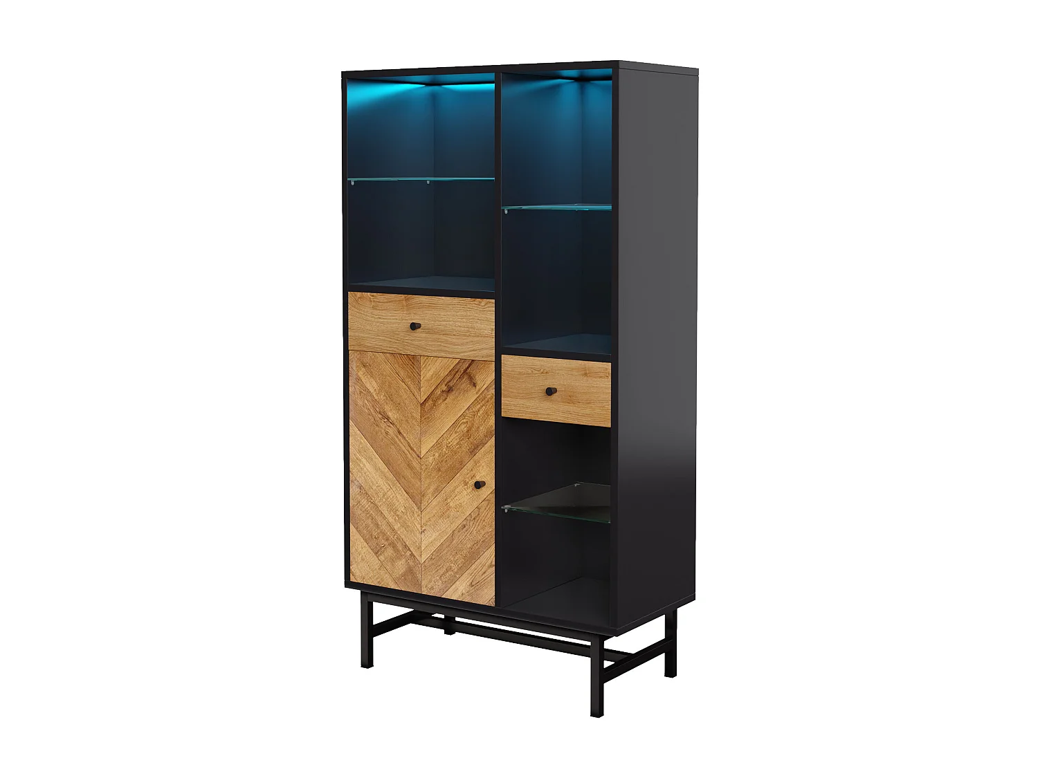 Vitrine avec 12 couleurs LED, porte en verre, étagères en verre, bois noir et bois (150.5x80x40 cm)