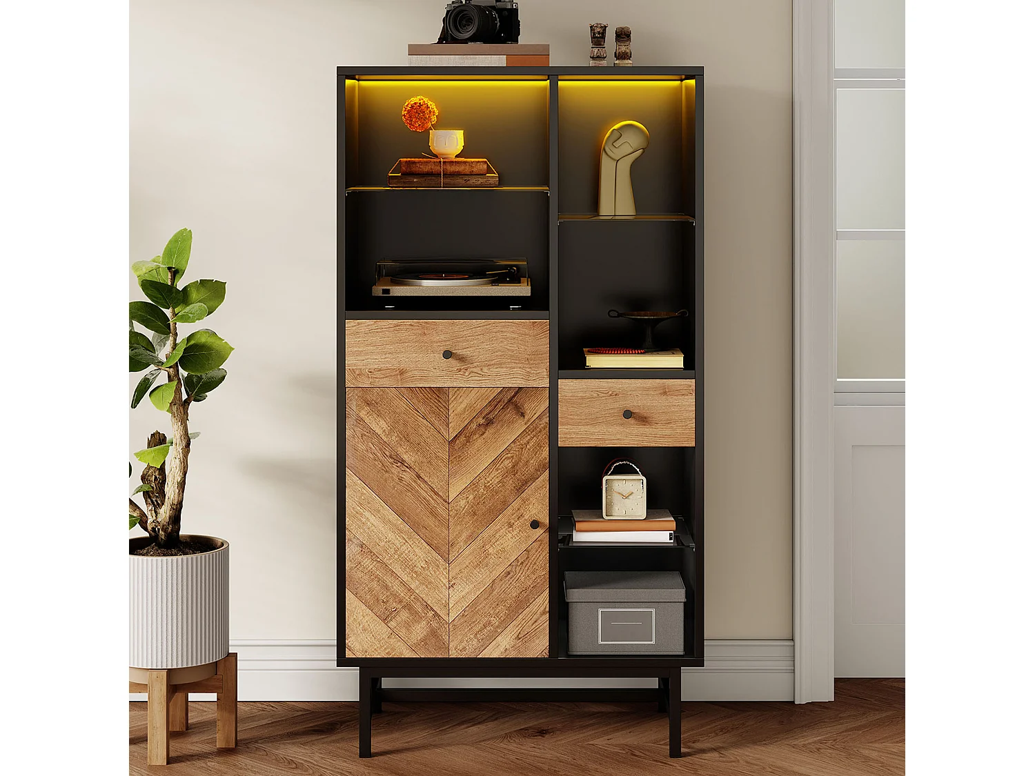 Vitrine avec 12 couleurs LED, porte en verre, étagères en verre, bois noir et bois (150.5x80x40 cm)