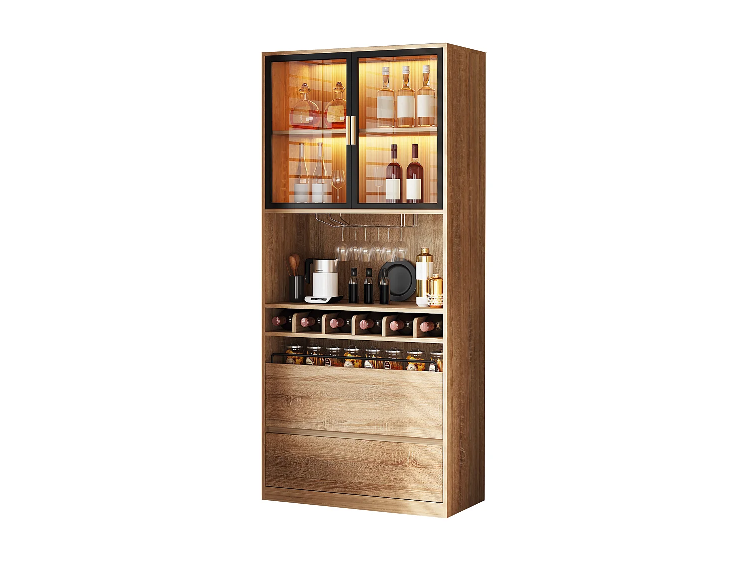 Vitrine avec éclairage LED, portes en verre, MDF, naturel (80x40x180 cm)