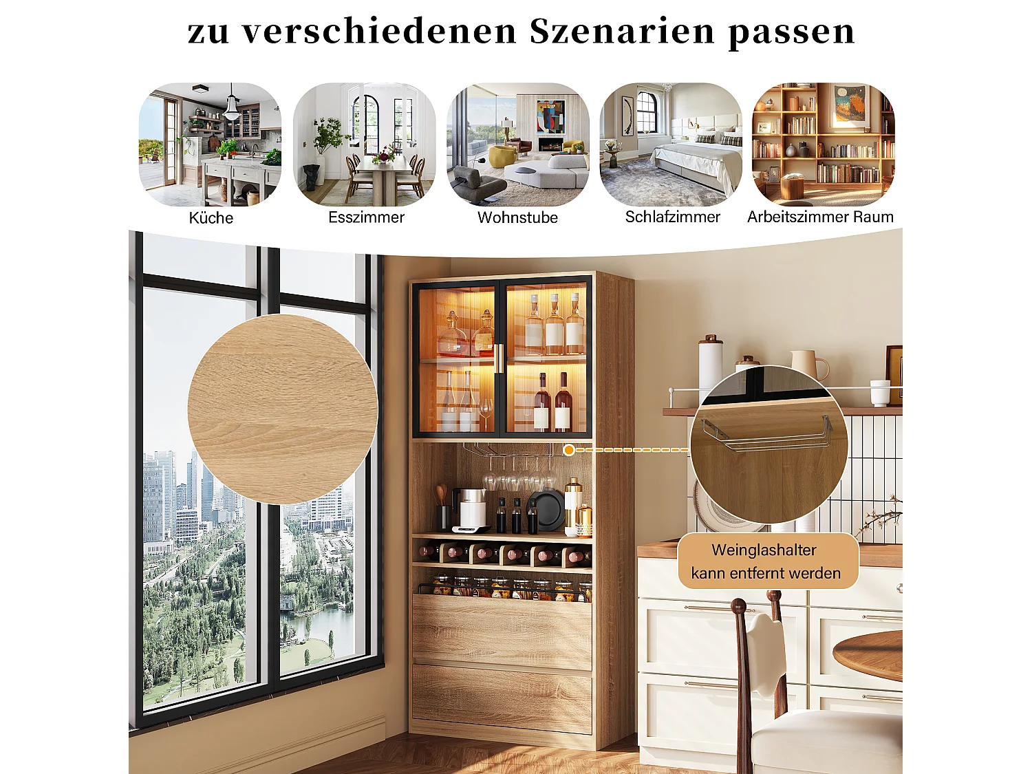 Vitrine avec éclairage LED, portes en verre, MDF, naturel (80x40x180 cm)