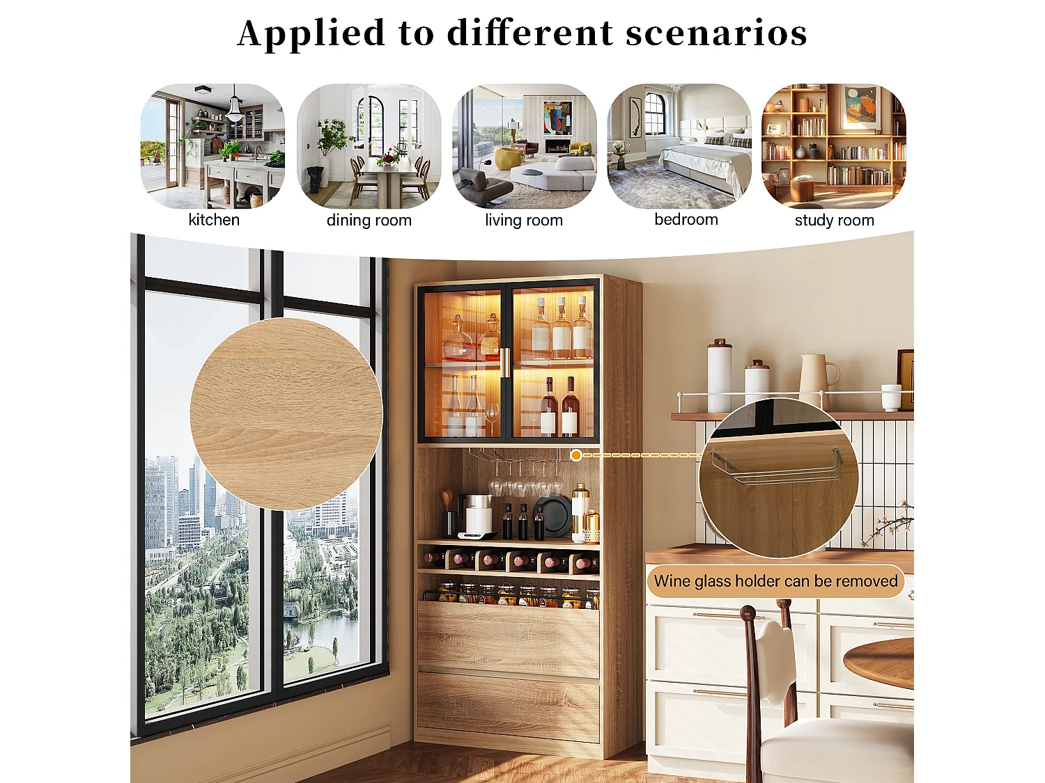 Vitrine avec éclairage LED, portes en verre, MDF, naturel (80x40x180 cm)