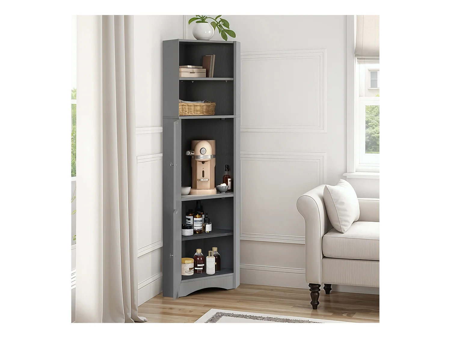 Meuble d'angle de salle de bain, avec 2 étagères, compartiment ouvert et étagère réglable, design moderne, MDF, gris (36.5x36.5x155 cm)