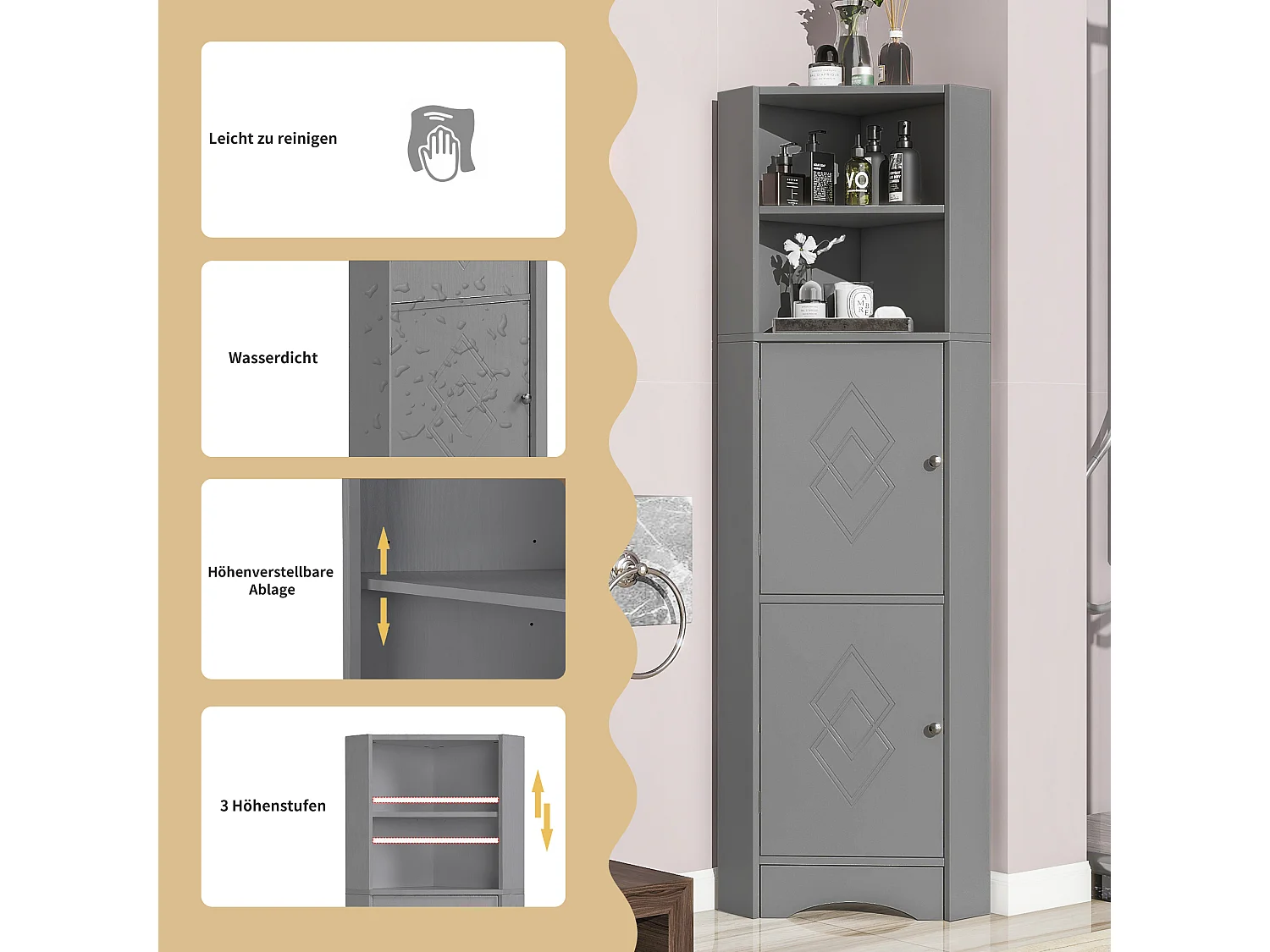 Meuble d'angle de salle de bain, avec 2 étagères, compartiment ouvert et étagère réglable, design moderne, MDF, gris (36.5x36.5x155 cm)