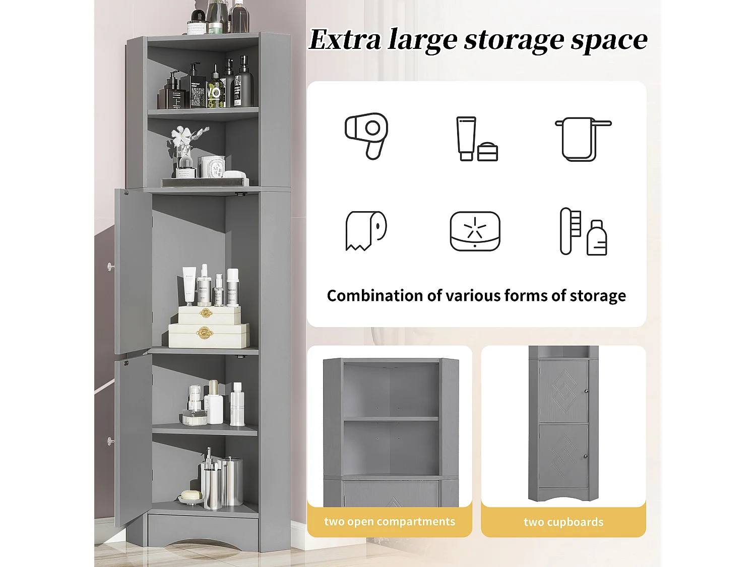 Meuble d'angle de salle de bain, avec 2 étagères, compartiment ouvert et étagère réglable, design moderne, MDF, gris (36.5x36.5x155 cm)