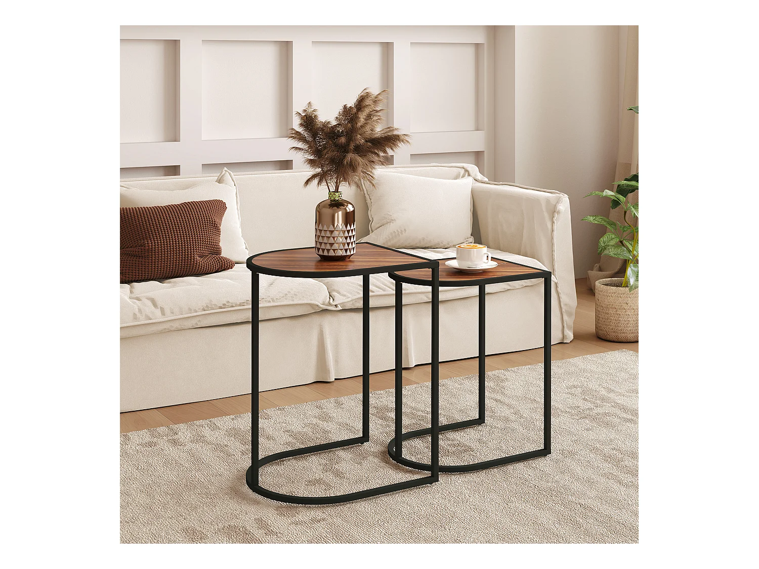 Table Basse Set de 2, Tables d'Appoint Empilables, Structure Métallique, Bois, Marron et Noir (45x38x58 cm)