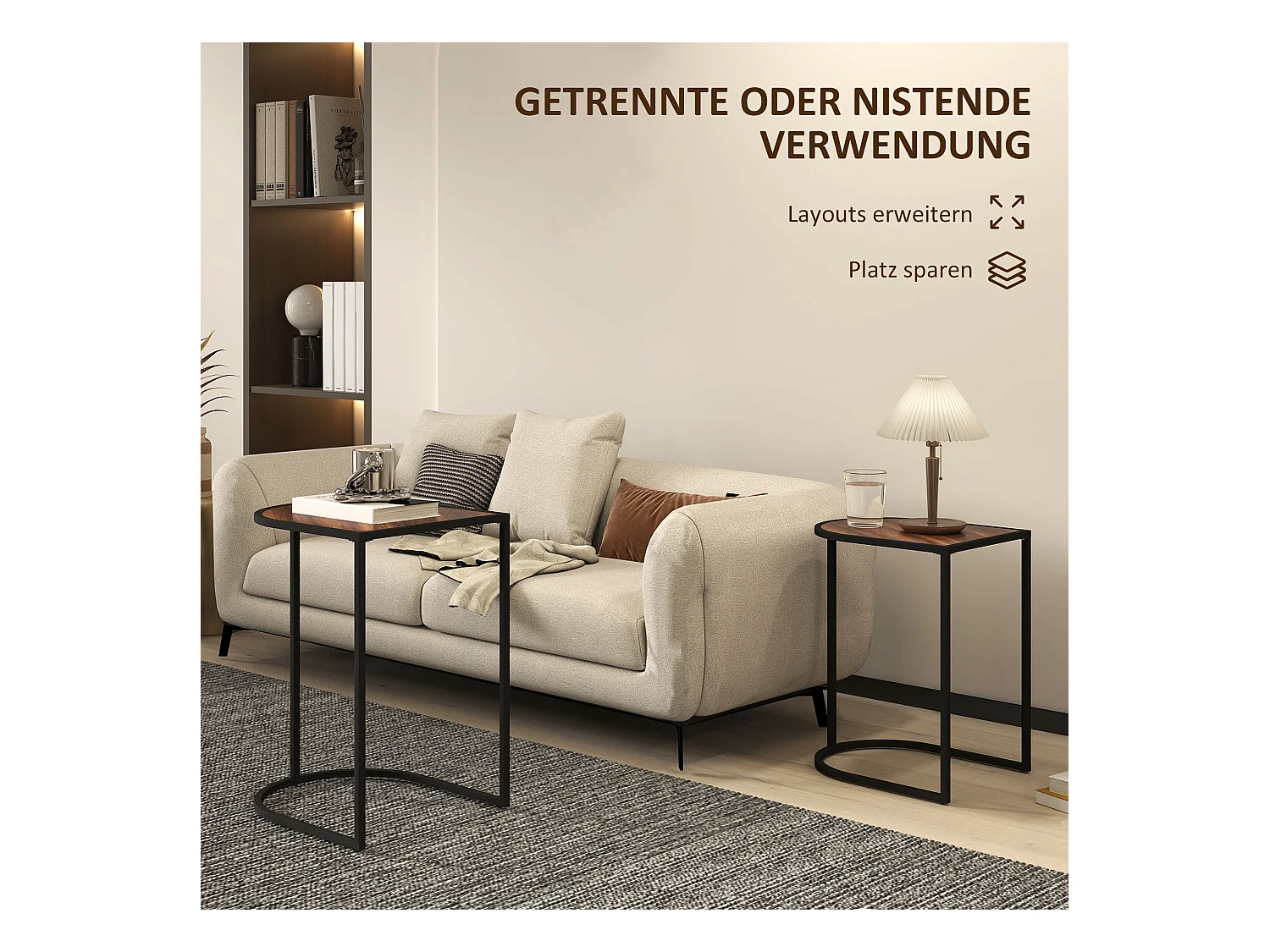 Table Basse Set de 2, Tables d'Appoint Empilables, Structure Métallique, Bois, Marron et Noir (45x38x58 cm)