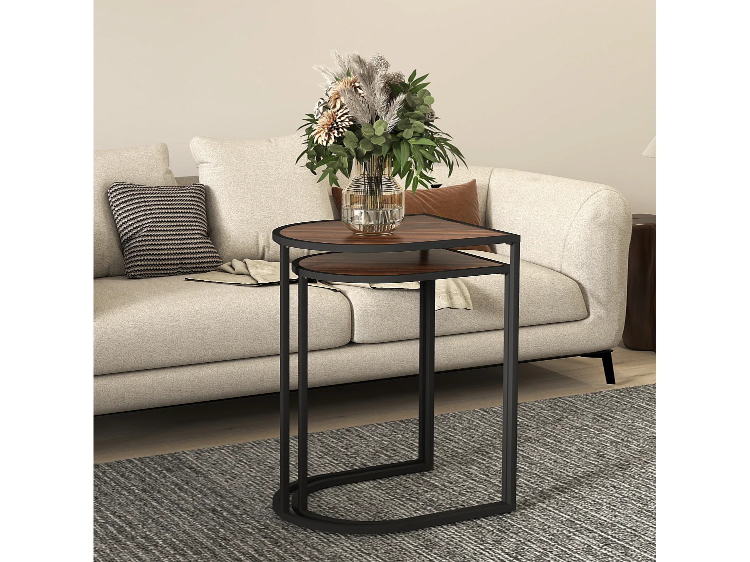 Table Basse Set de 2, Tables d'Appoint Empilables, Structure Métallique, Bois, Marron et Noir (45x38x58 cm)