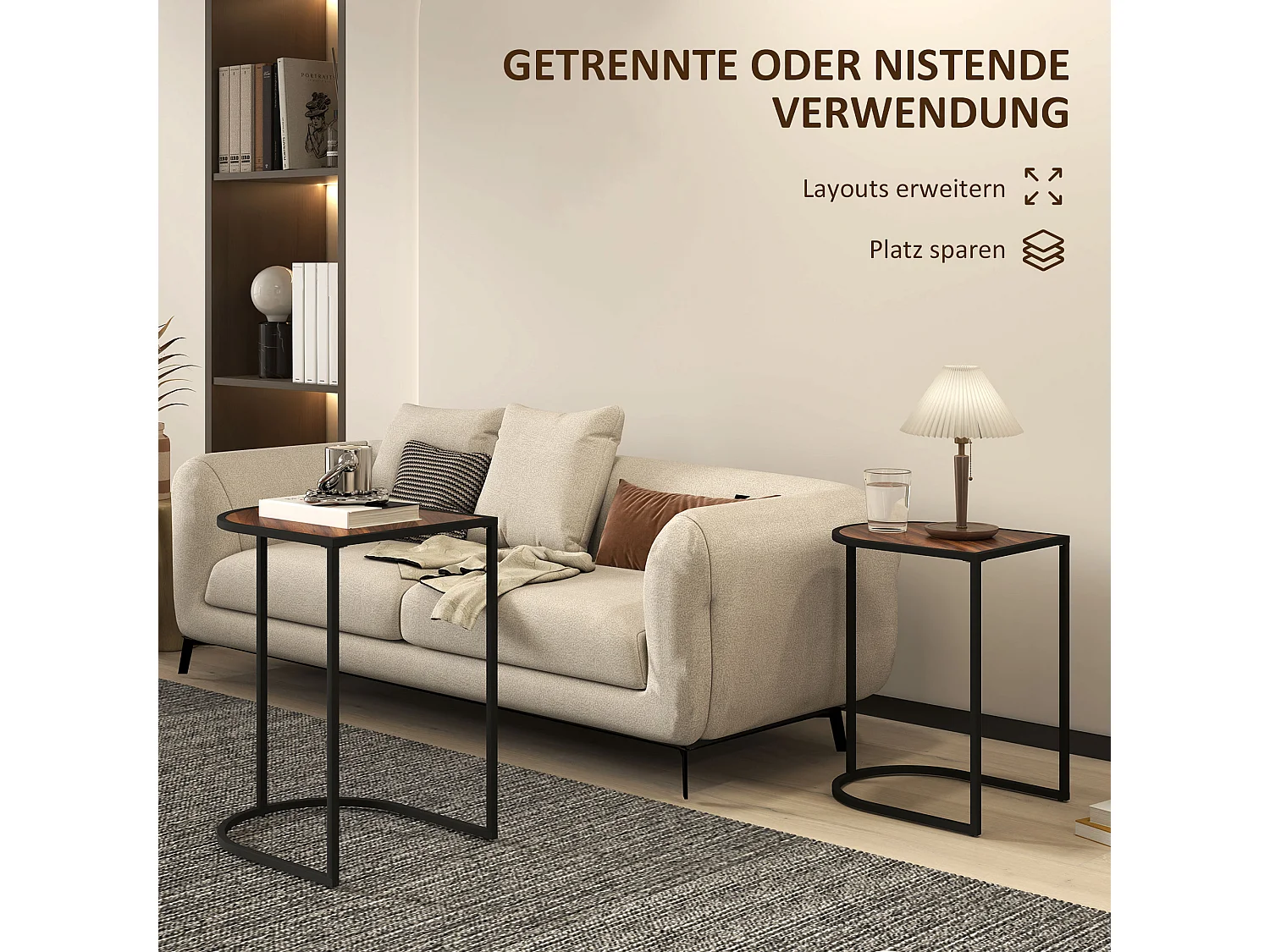 Set di 2 tavolini da caffè, tavolini laterali impilabili, struttura in metallo, legno, marrone e nero (45x38x58 cm)