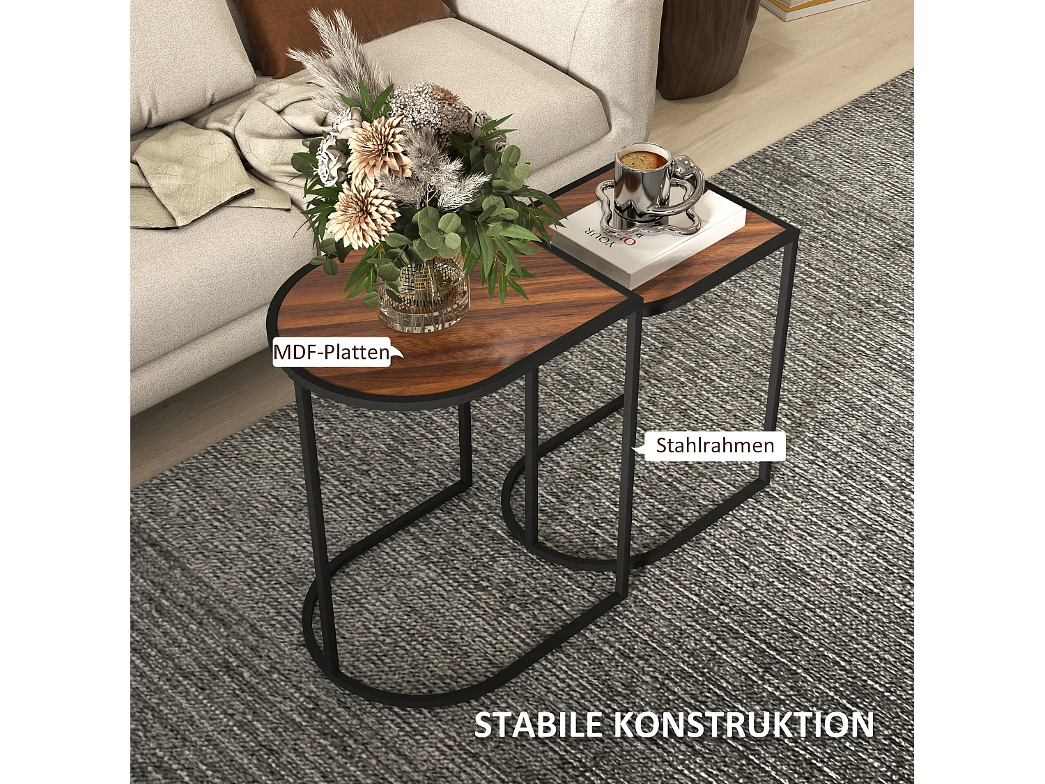 Set di 2 tavolini da caffè, tavolini laterali impilabili, struttura in metallo, legno, marrone e nero (45x38x58 cm)