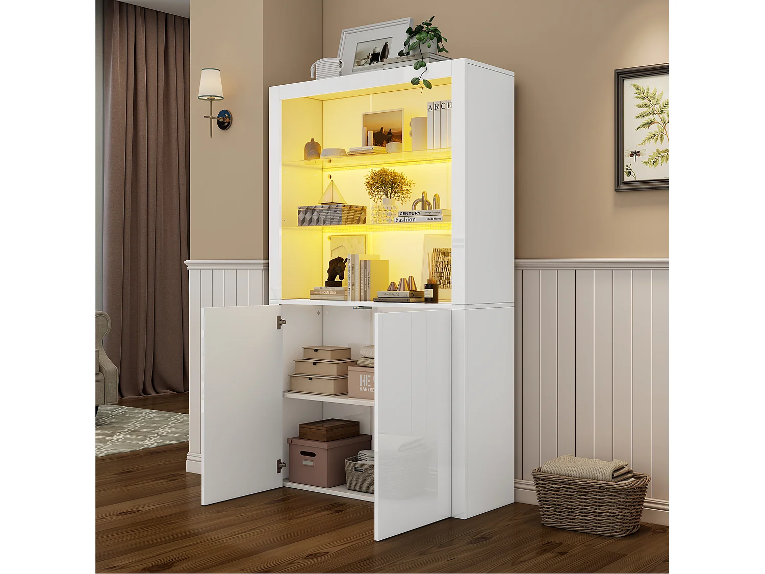 Meuble haut à LED, Vitrine en verre trempé, 3 tiroirs, MDF, blanc (100x35x170 cm)