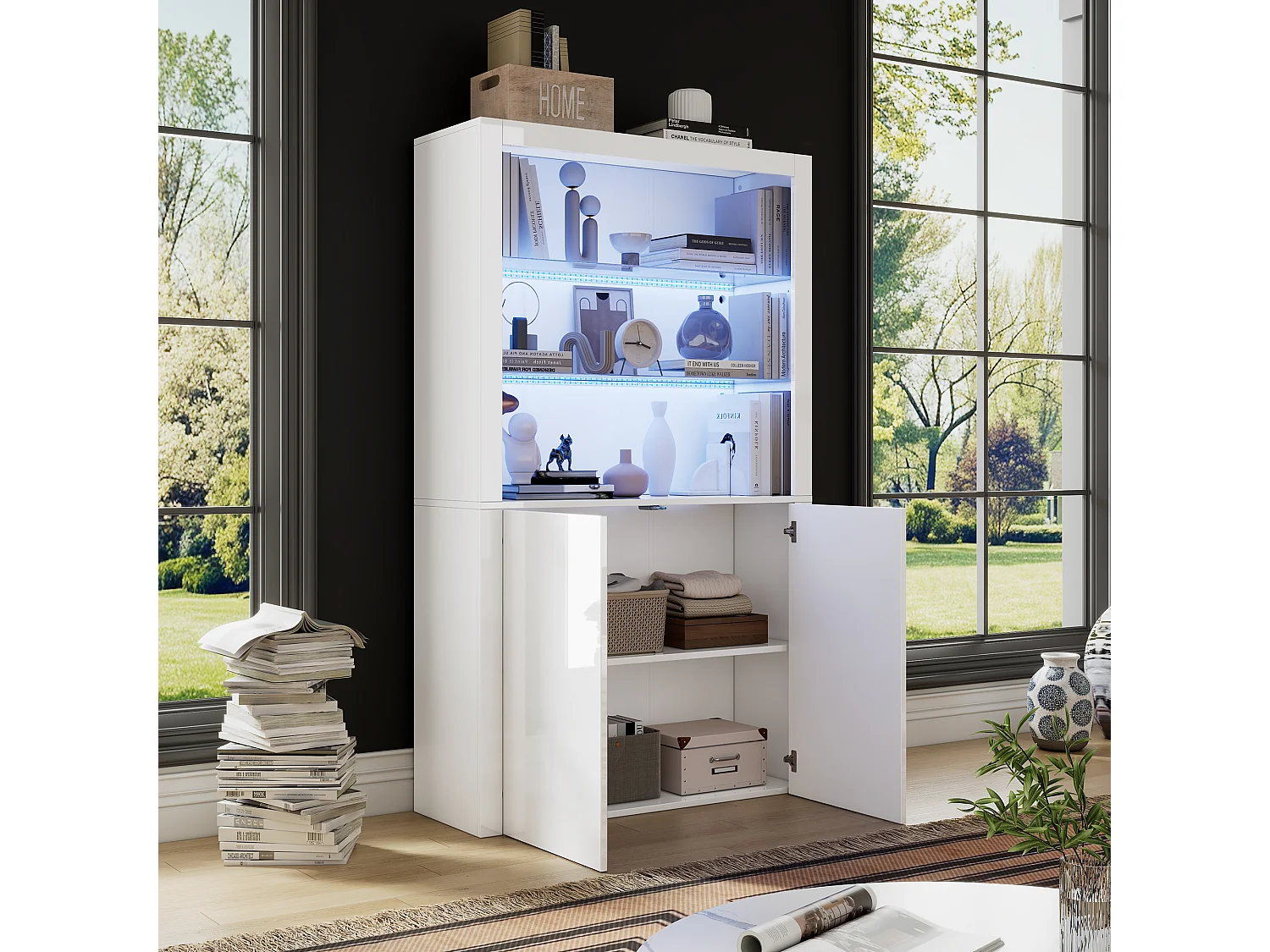 Meuble haut à LED, Vitrine en verre trempé, 3 tiroirs, MDF, blanc (100x35x170 cm)