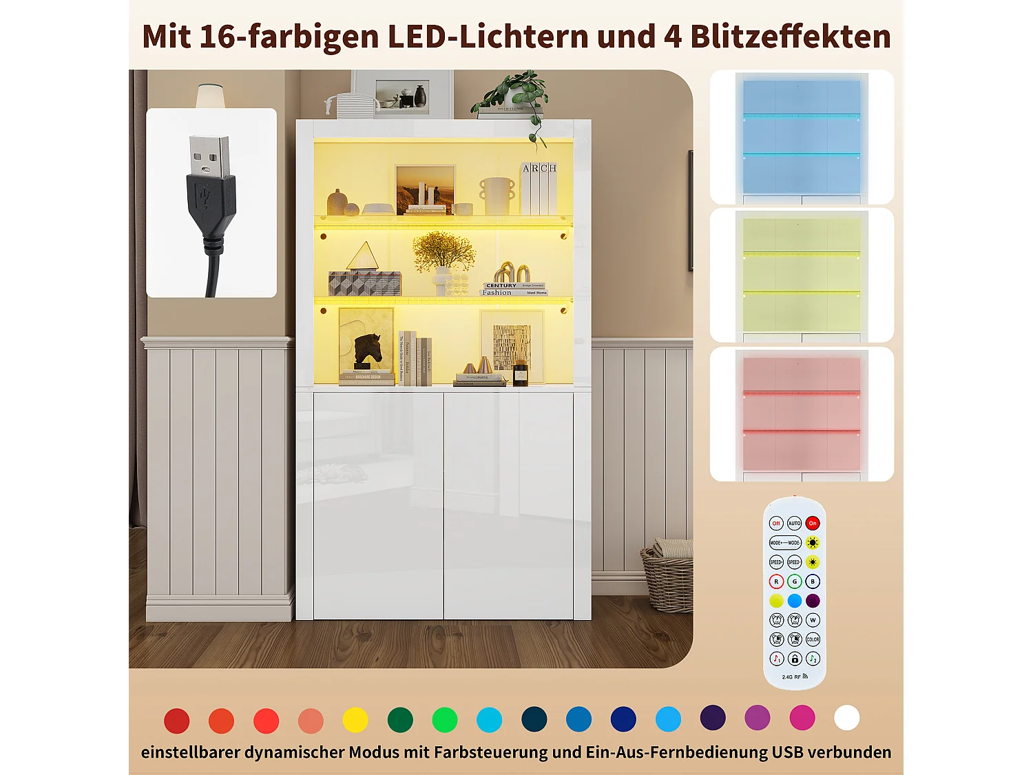 Meuble haut à LED, Vitrine en verre trempé, 3 tiroirs, MDF, blanc (100x35x170 cm)