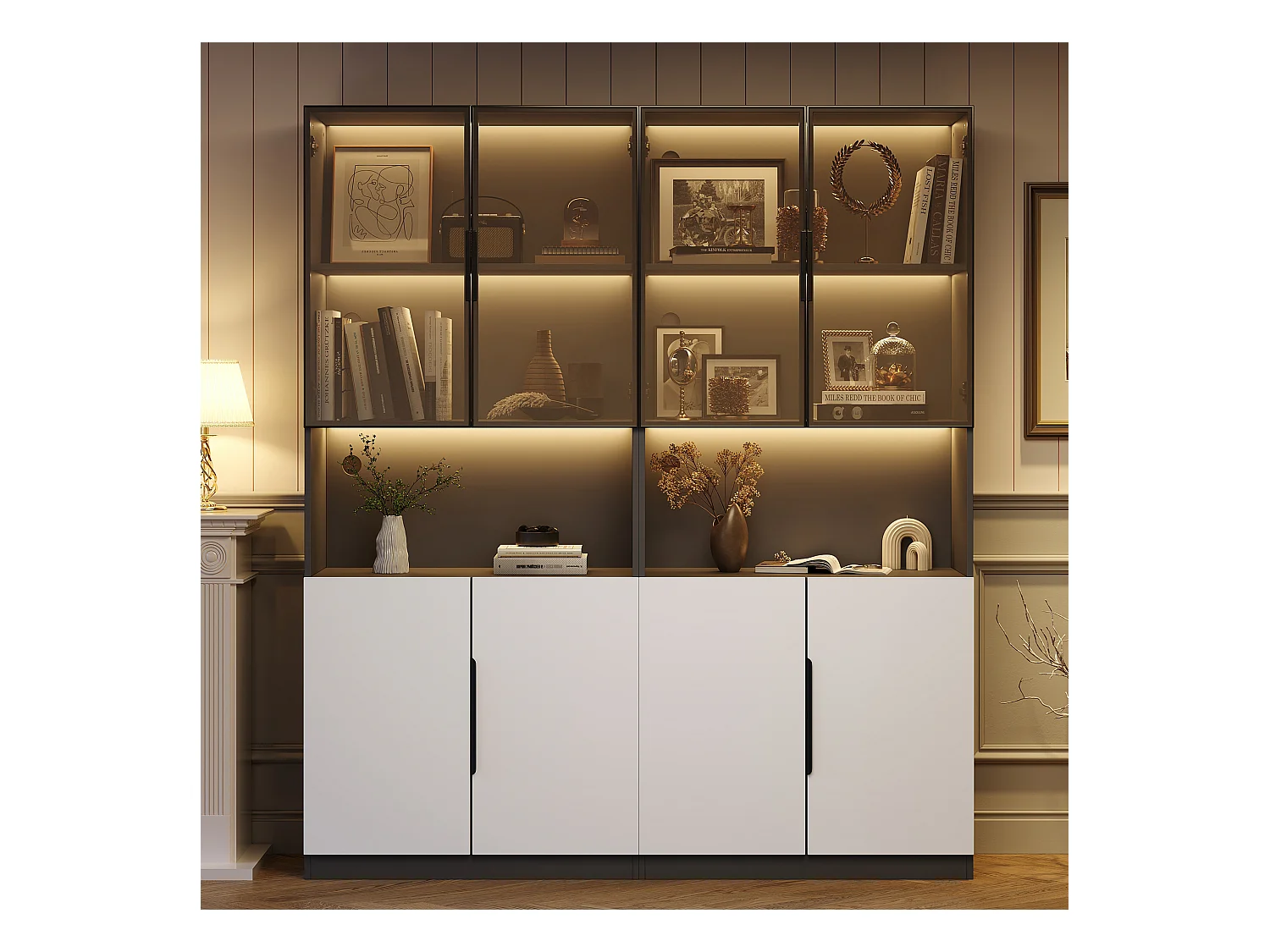 Moderne vitrinekast met glazen deuren, verstelbare LED's, aluminium frame, wit en zwart (160x30x200 cm)