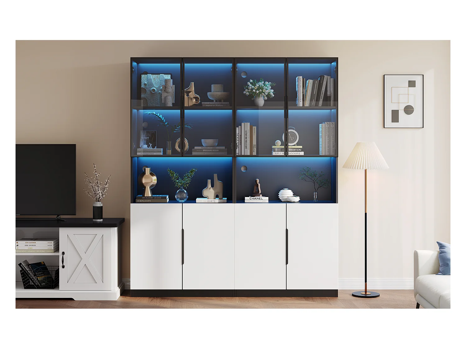 Vitrine moderne avec portes en verre, LED réglables, cadre en aluminium, blanc et noir (160x30x200 cm)