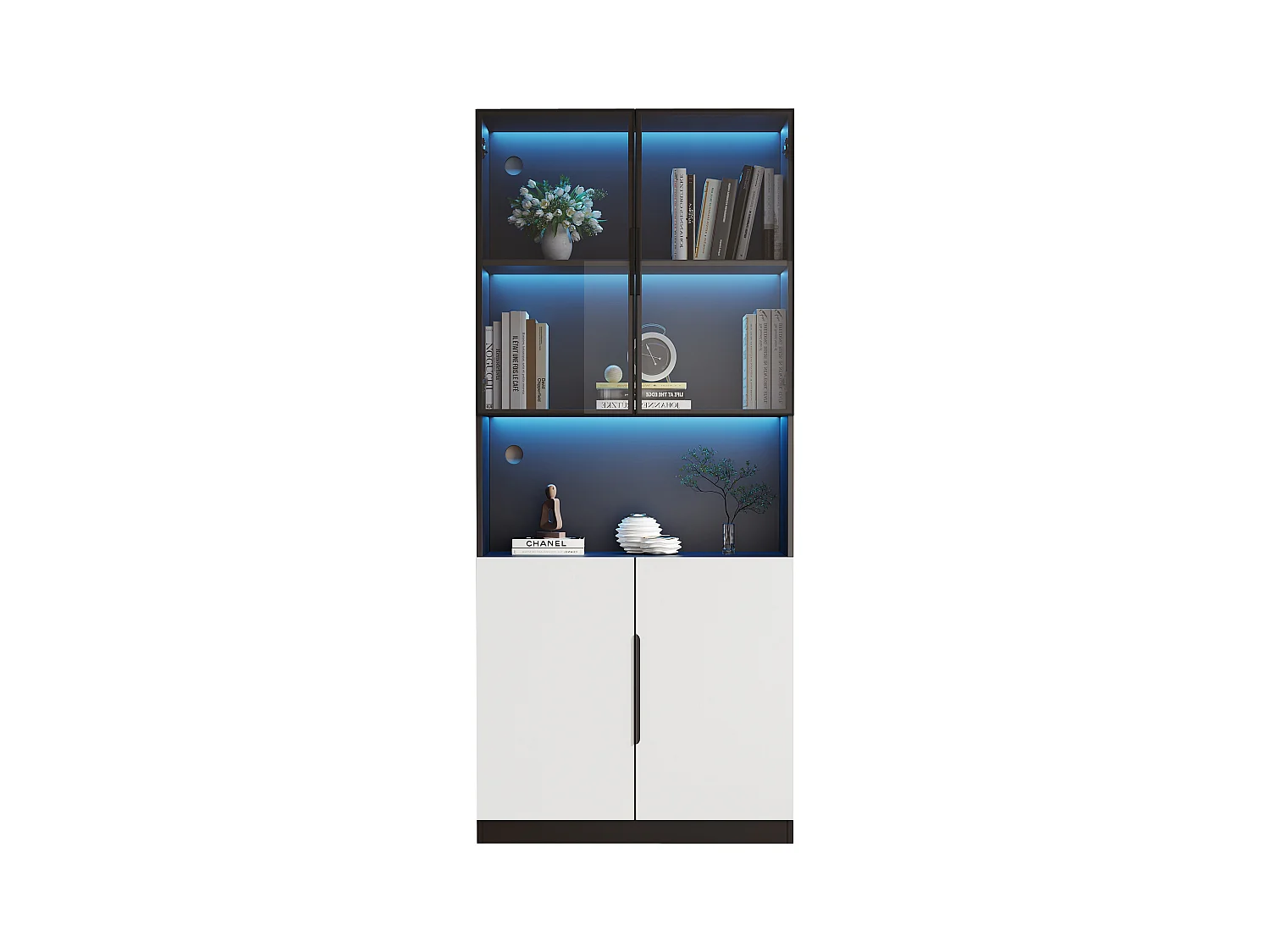 Vitrine moderne avec portes en verre, LED réglables, cadre en aluminium, blanc et noir (160x30x200 cm)