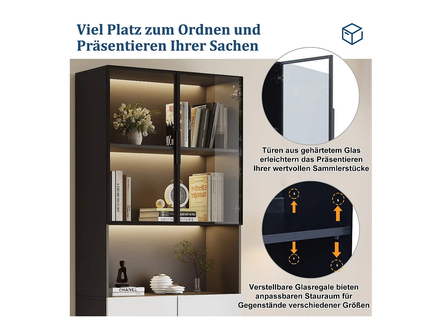 Vitrine moderne avec portes en verre, LED réglables, cadre en aluminium, blanc et noir (160x30x200 cm)