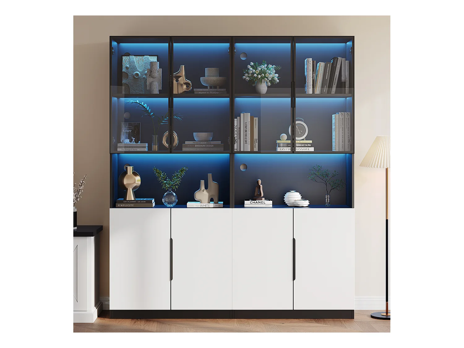 Vitrine moderne avec portes en verre, LED réglables, cadre en aluminium, blanc et noir (160x30x200 cm)