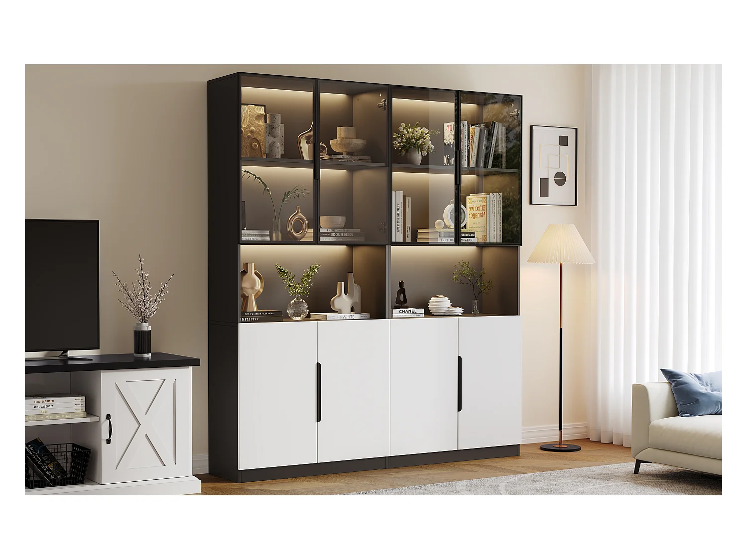 Vitrine moderne avec portes en verre, LED réglables, cadre en aluminium, blanc et noir (160x30x200 cm)