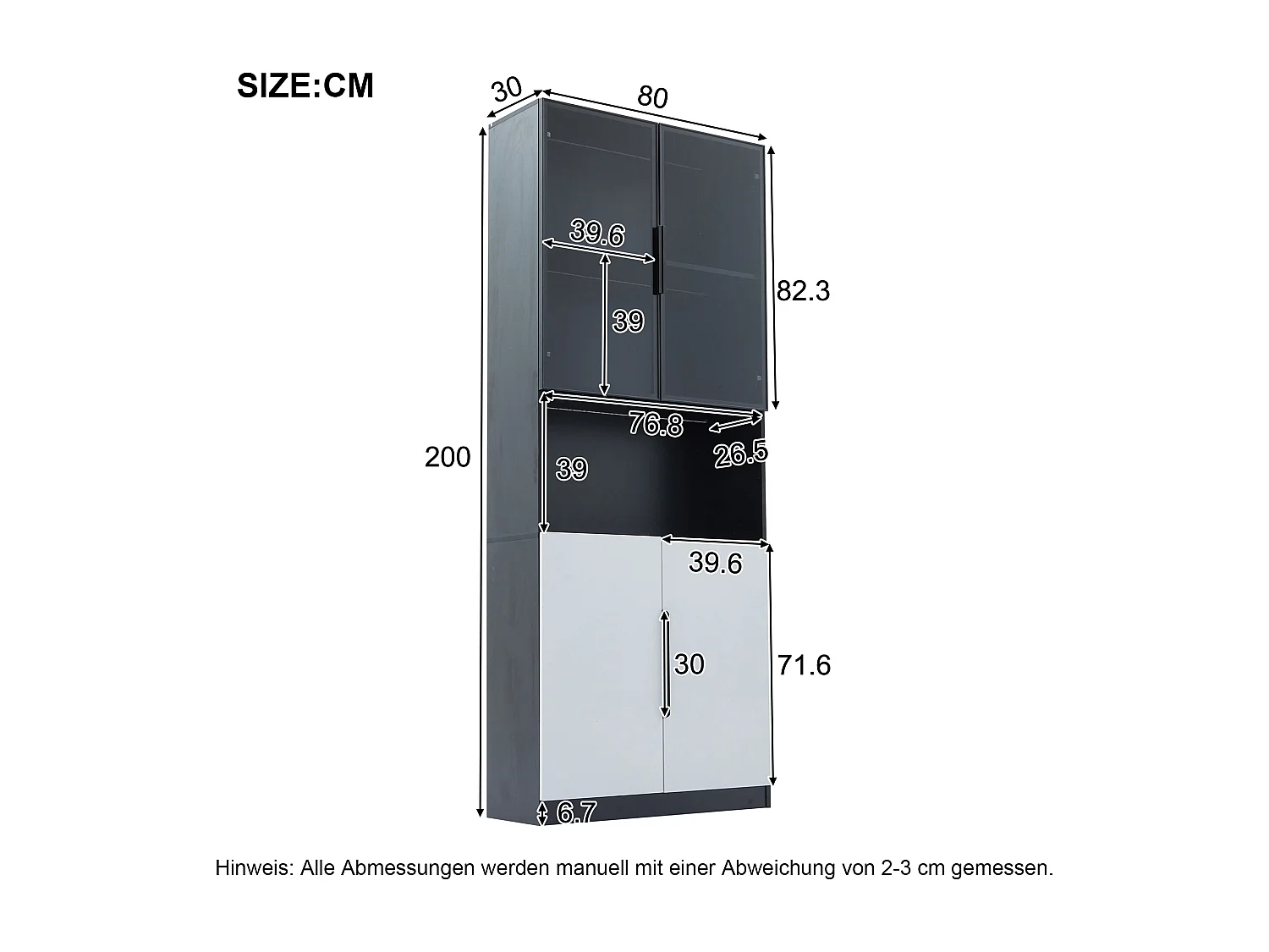 Moderne vitrinekast met glazen deuren, verstelbare LED's, aluminium frame, wit en zwart (160x30x200 cm)