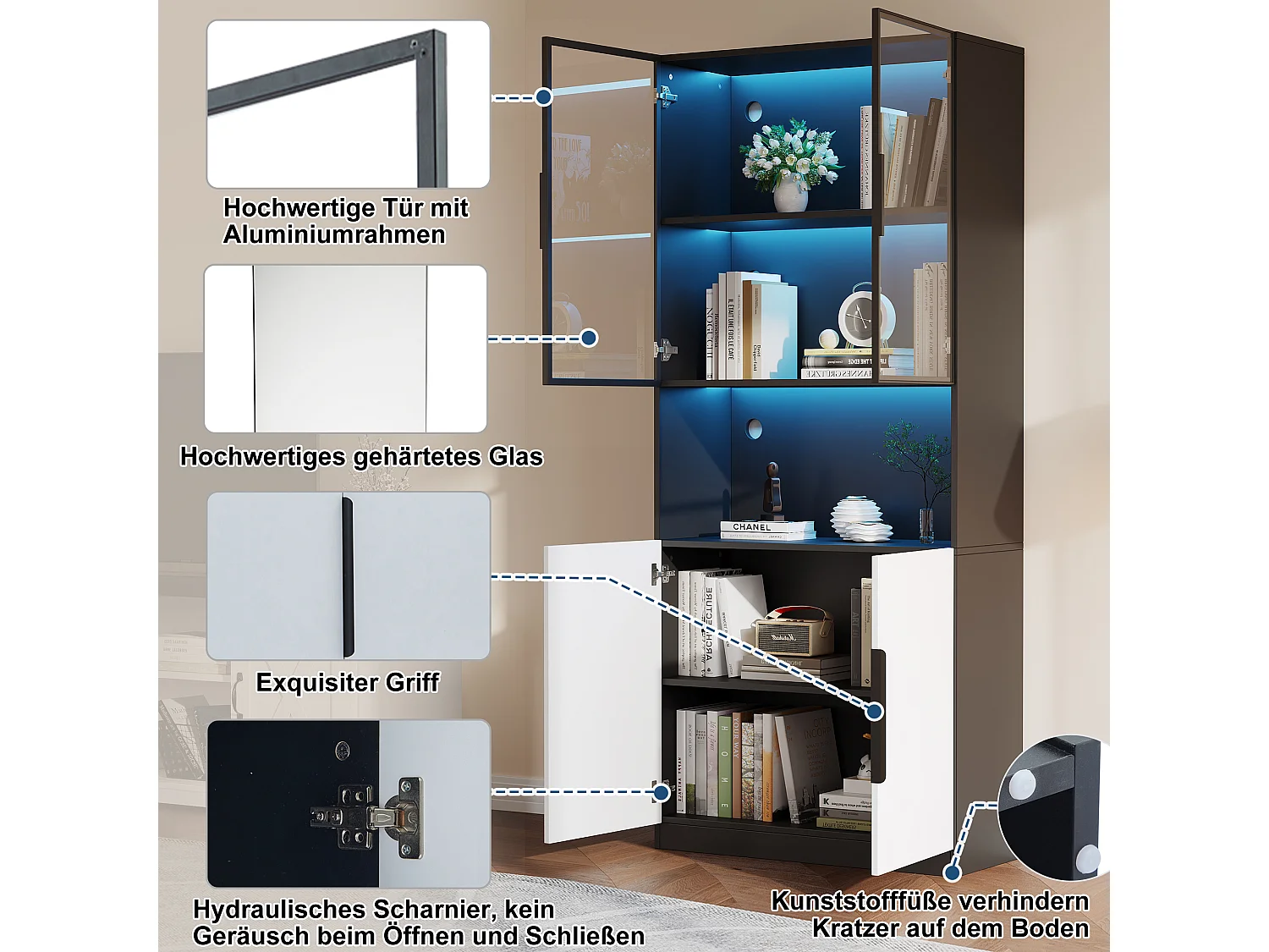 Moderne vitrinekast met glazen deuren, verstelbare LED's, aluminium frame, wit en zwart (160x30x200 cm)