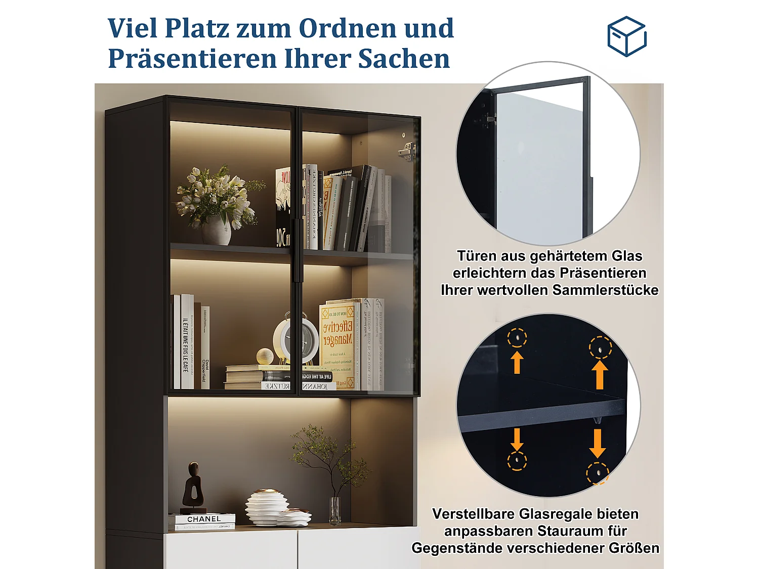 Moderne vitrinekast met glazen deuren, verstelbare LED's, aluminium frame, wit en zwart (160x30x200 cm)