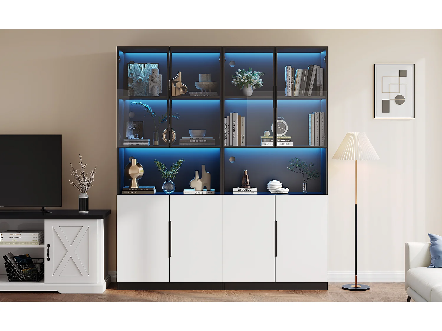 Moderne vitrinekast met glazen deuren, verstelbare LED's, aluminium frame, wit en zwart (160x30x200 cm)