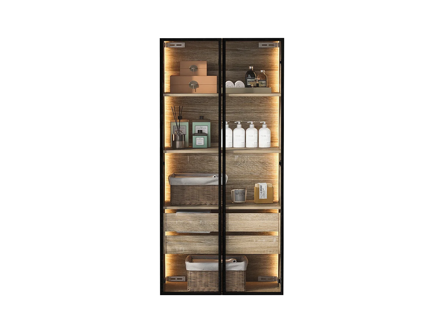 Meuble de salle de bain avec 2 portes, 2 grands tiroirs, LED intégré, MDF, bois clair, 73x36x155 cm