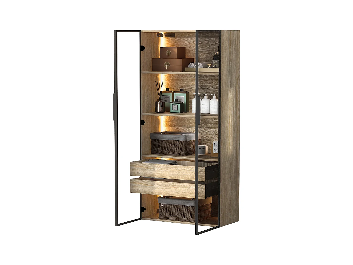 Meuble de salle de bain avec 2 portes, 2 grands tiroirs, LED intégré, MDF, bois clair, 73x36x155 cm