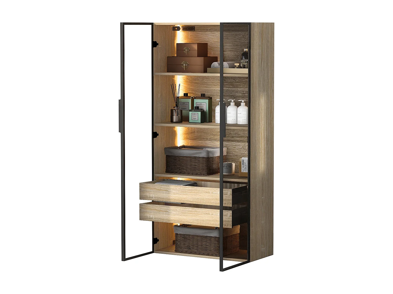 Meuble de salle de bain avec 2 portes, 2 grands tiroirs, LED intégré, MDF, bois clair, 73x36x155 cm