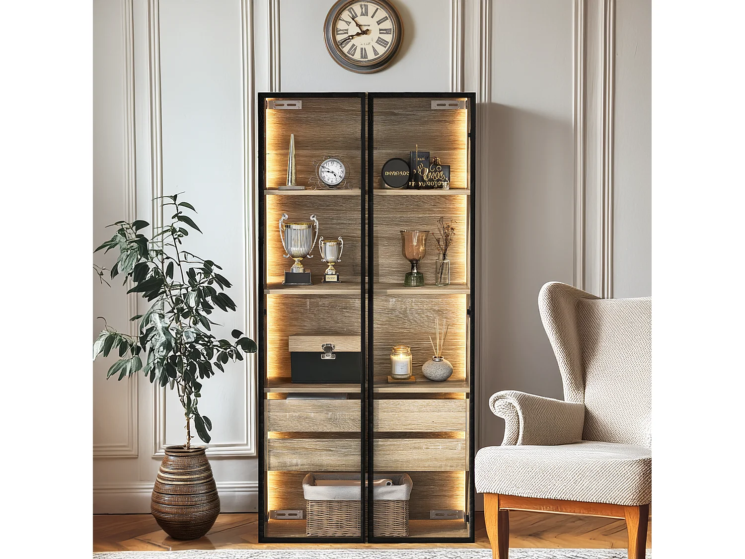 Meuble de salle de bain avec 2 portes, 2 grands tiroirs, LED intégré, MDF, bois clair, 73x36x155 cm